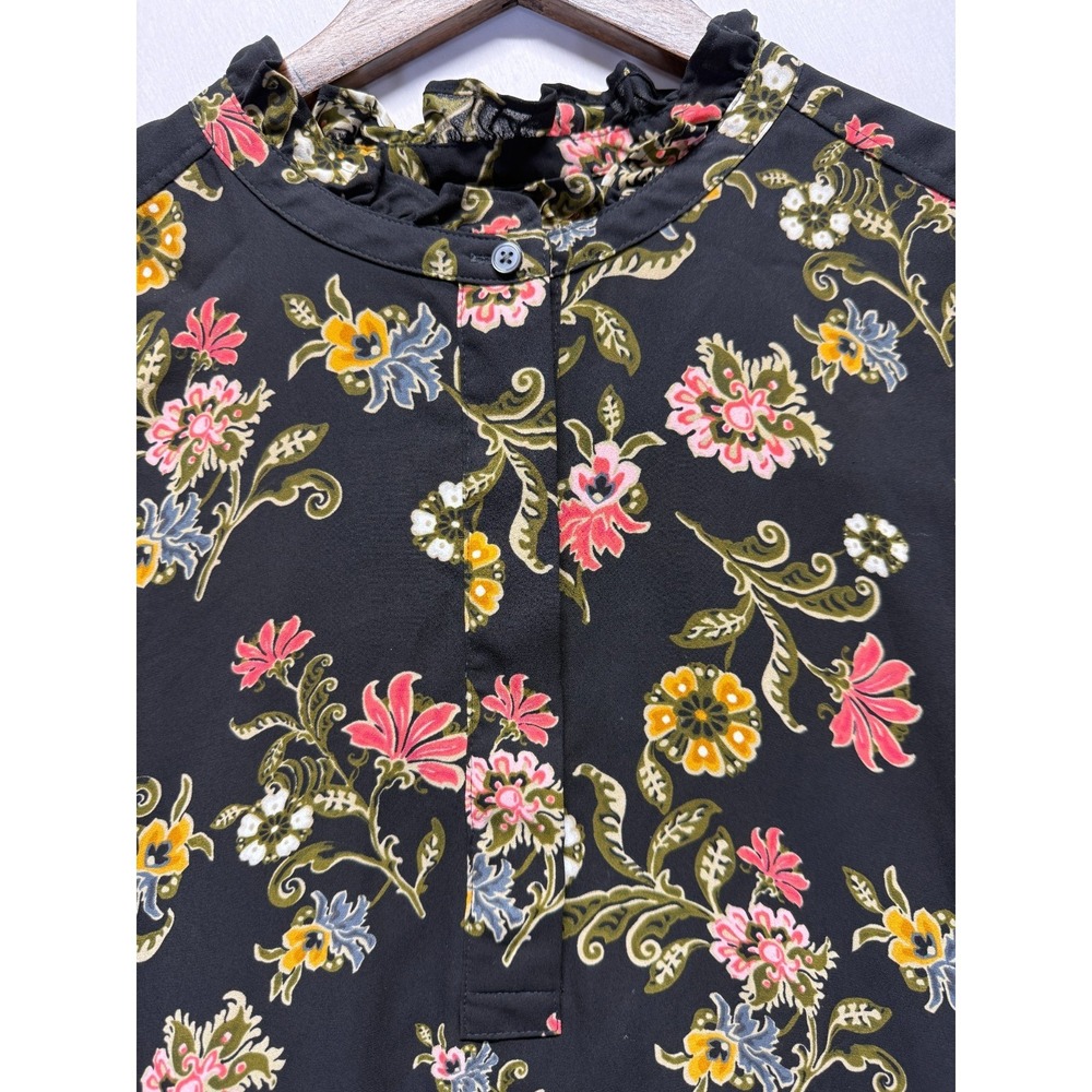 Loft Popover Blouse Top Womens XL Black Multi Floral Ruffle Trim Cuff & Neck - Picture 3 of 11